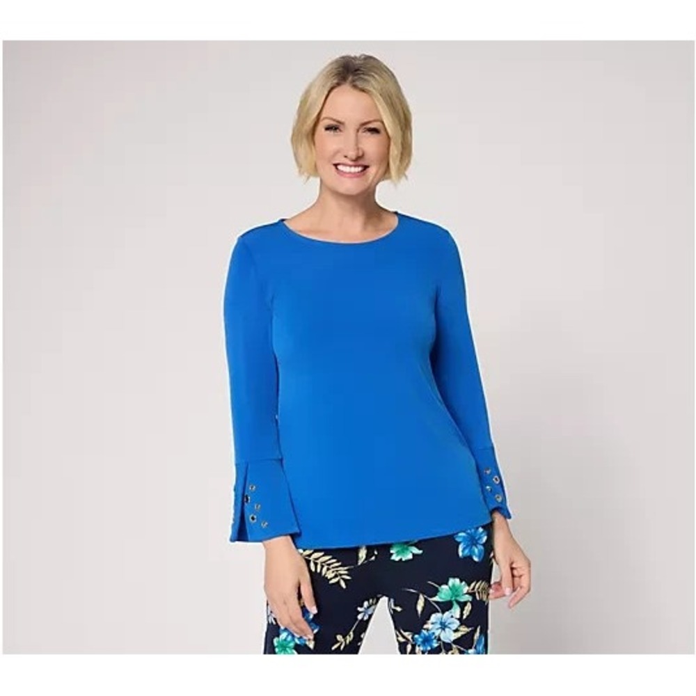 Susan Graver Liquid Knit Top w/ Metal Grommet Sleeve Detail Persian Blue Medium